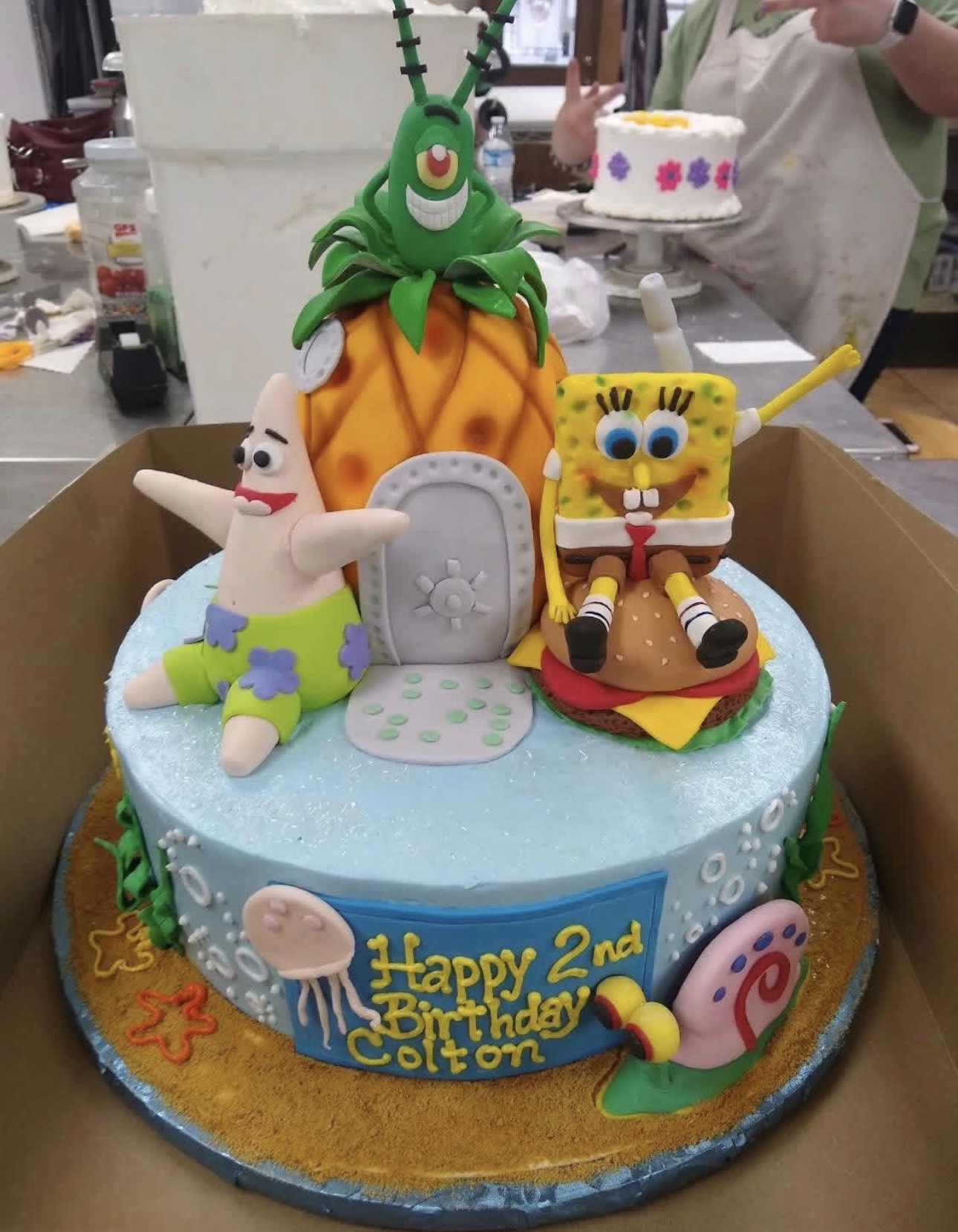 SpongeBob themed 2nd birthday cake with fondant pineapple house, Patrick and Gary